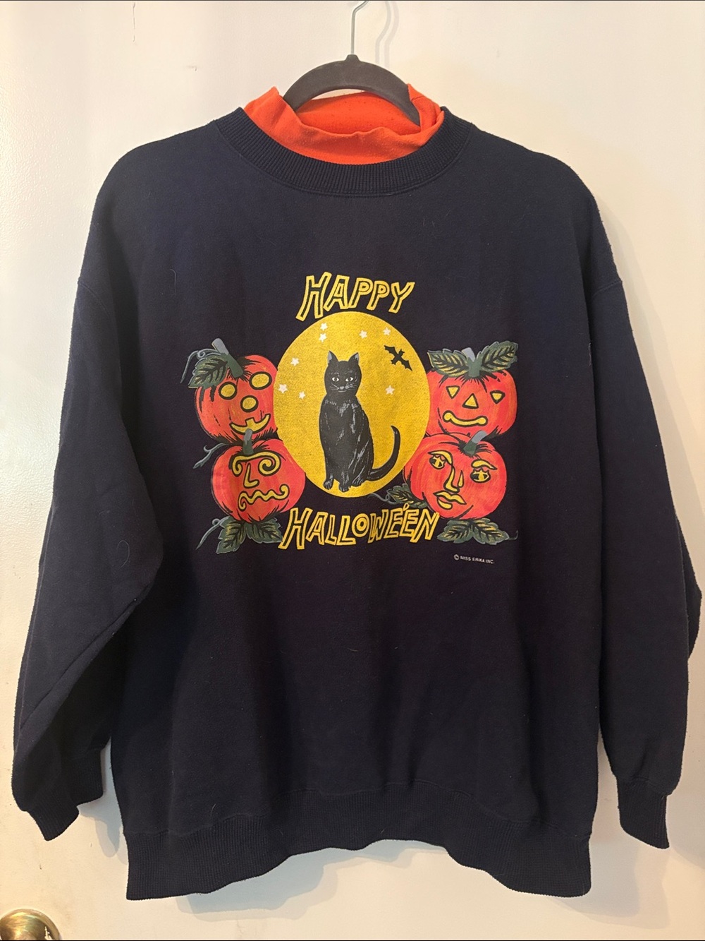 Vintage Miss Erika Happy Halloween Black Cat Sweatshirt with Orange Pumpkins - Picture 1 of 6